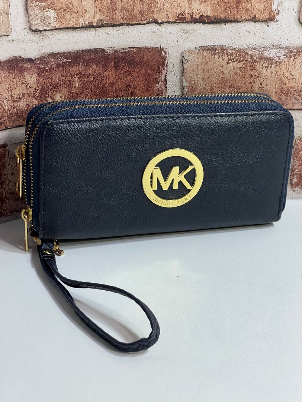 Michael Kors Navy Blue Pebble Grain Leather Zipper Closure Wristlet Wallet